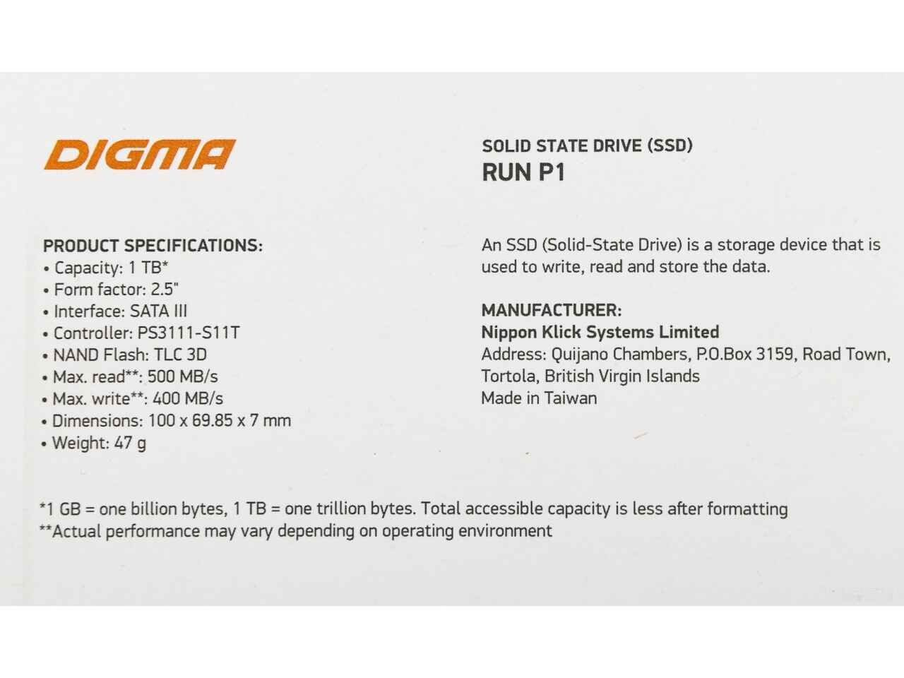 SSD DIGMA Run P1 1TB DGSR2001TP13T SSD DIGMA Run P1 1TB DGSR2001TP13T